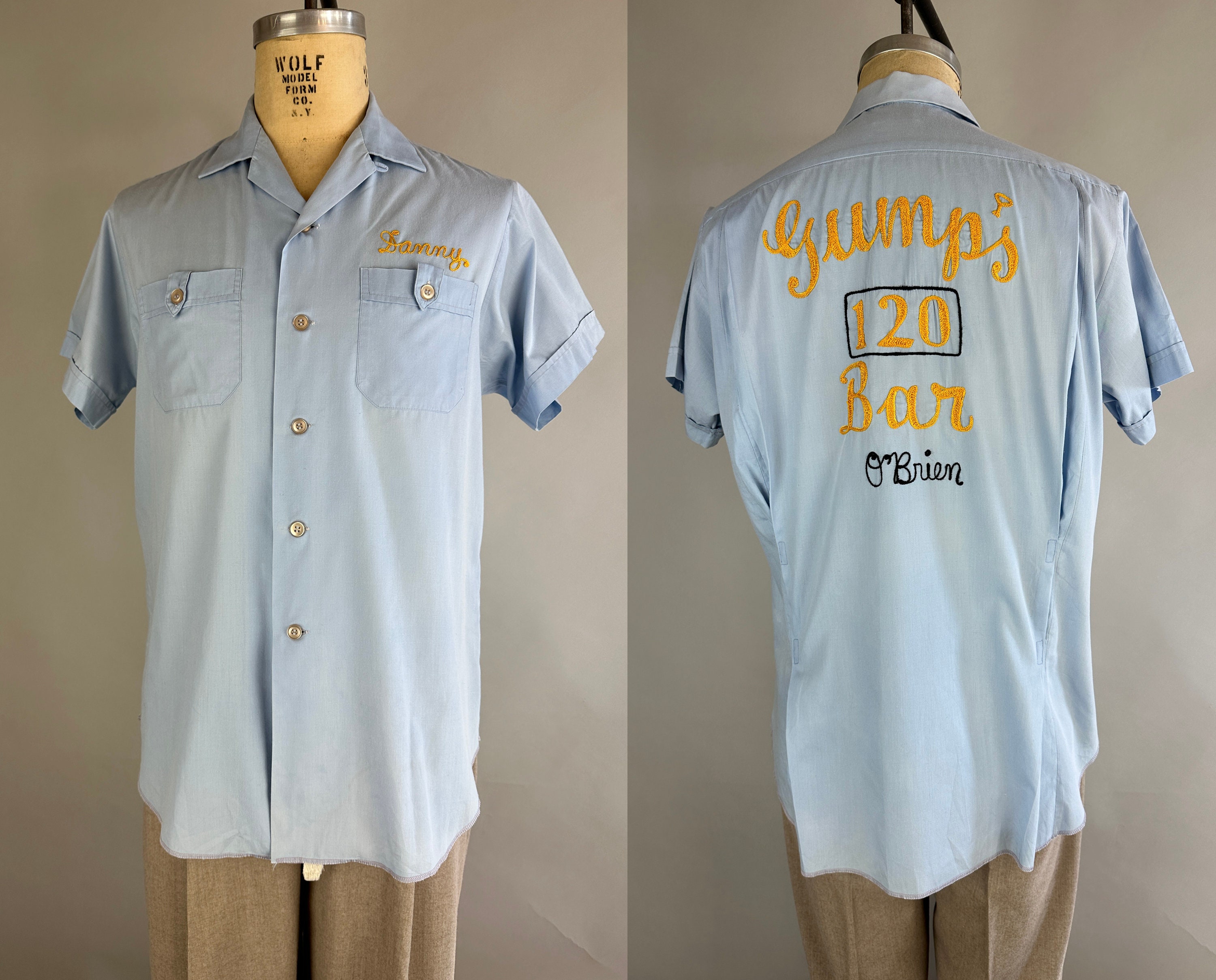 1950s Cocktail Bar Bowling Shirt | Vintage 50s Blue Cotton with