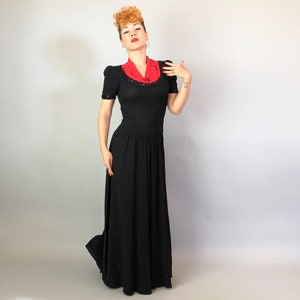 1940s Color Block Cutie Gown Vintage 40s Two Tone Tomato Red and Black Evening Dress with Notched Lapels and Sequin Trim Small image 3