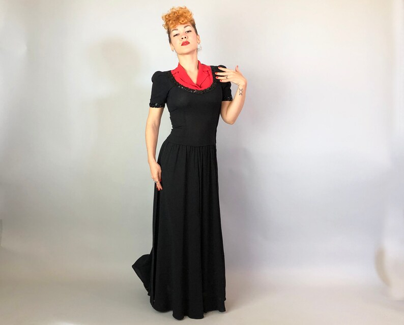 1940s Color Block Cutie Gown Vintage 40s Two Tone Tomato Red and Black Evening Dress with Notched Lapels and Sequin Trim Small image 3