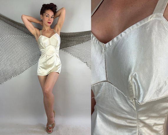 1930s Birth of Venus Swimsuit | Vintage 30s Pearl White Rayon Satin Bathing Suit w/Adjustable Straps Low Back Openwork Seams | Small Medium