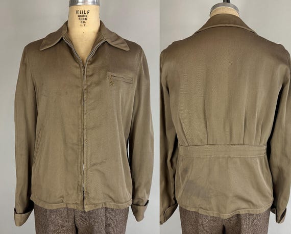 1940s Weekend to Workwear Jacket | Vintage 40s Taupe Grey Wool Whipcord Zip Up Coat with Pleated Belted Back and Pockets | Size 42 Large