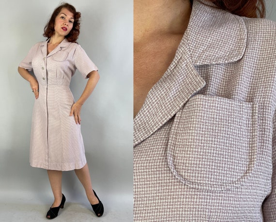 1940s Lovely in Lilac Dress | Vintage 40s Purple and White Woven Cotton Button Up Shirtwaist Frock with Patch Pocket | Large Extra Large XL