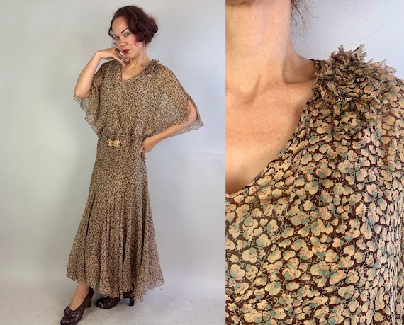1920s Eternally Ethereal Gown | Vintage 20s Brown Ecru Blue and Peach Deco Floral Silk Chiffon Dress w/Cape Sleeves & Belt | Extra Large XL