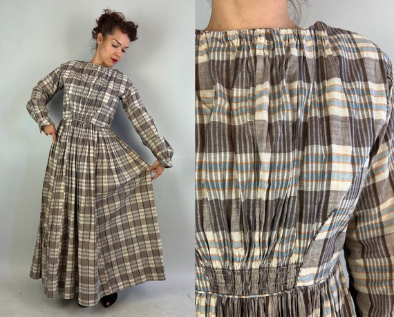 Mid 1800s Florence Nightingale Dress | Antique Vintage Victorian Plaid Cotton Unfinished Gown with Smocking and Heavy Gathers | Small Medium