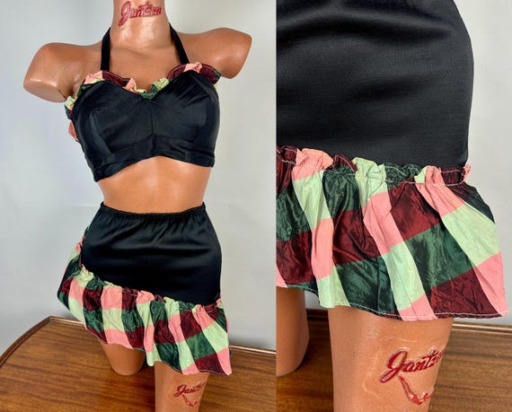 1940s Brilliant Bonnie Babe Bikini | Vintage 40s Black Two-Piece Bathing Suit with Pink & Green Plaid Taffeta Ruffle Accents | Small XS