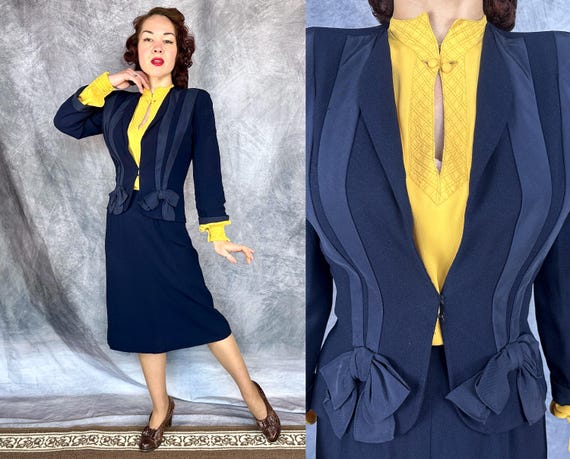 1940s Put A Bow On It Suit Dress Set | Vintage 40s Navy Blue Rayon Crepe Peplum Jacket w/Faille Stripes & Bows and Skirt Ensemble | Small