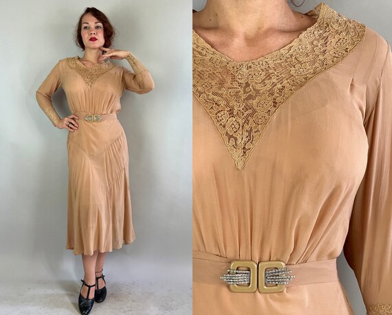1930s Lovely Lady Dress | Vintage 30s Sheer Silk Chiffon Milk Tea Beige Bias Cut Frock w/Ecru Lace and Rhinestone Buckle | Small Medium