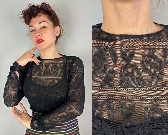 1930s Arsenic and Old Lace Blouse | Vintage 30s Black Lacey Sheer See Through Shirt Top with Buttoning Tapered Dolman Sleeves | Small Medium