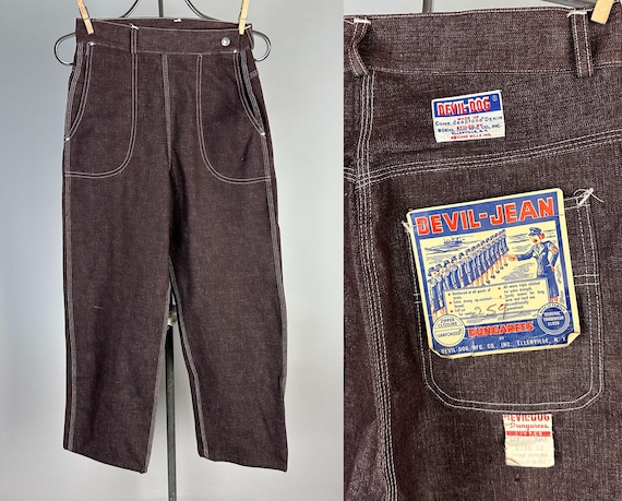 1950s Daring "Devil Dog" Dungarees | Vintage 50s Deadstock Walnut Brown Cotton Denim Side Zip Jeans w/White Top Stitching | Extra Small XS