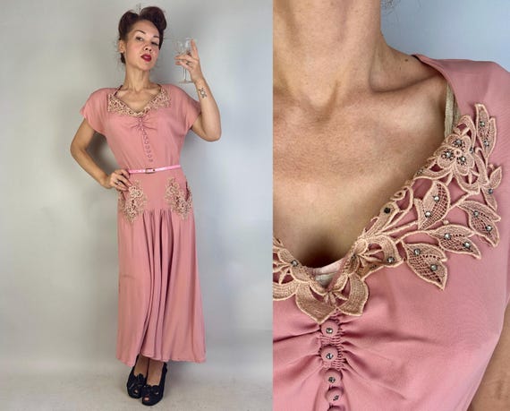 1940s Blossom and Beguile Dress | Vintage 40s Pink Rayon Crepe Gown with Rhinestone Floral Lace Pockets and Sweetheart Neckline | Large