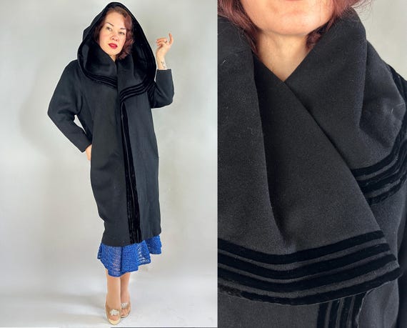 1950s Sophisticated Shroud Coat | Vintage 50s Black Wool & Velvet Swing Overcoat w/Big Shawl Collar Convertable Hood | Small Medium Large