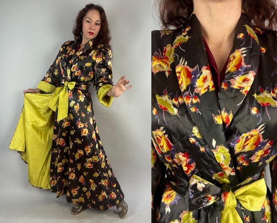 1940s Royally Robed Dressing Gown | Vintage 40s Antiqued Bronze Satin Rayon Quilted Robe w/Roses of Chartreuse Red and Pink | Medium Large
