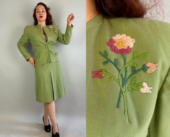 1940s In the Mint Suit | Vintage 40s Green Wool Single Button Jacket and Box Pleat Skirt Set with Pink Flower Embroidery | Extra Small XS