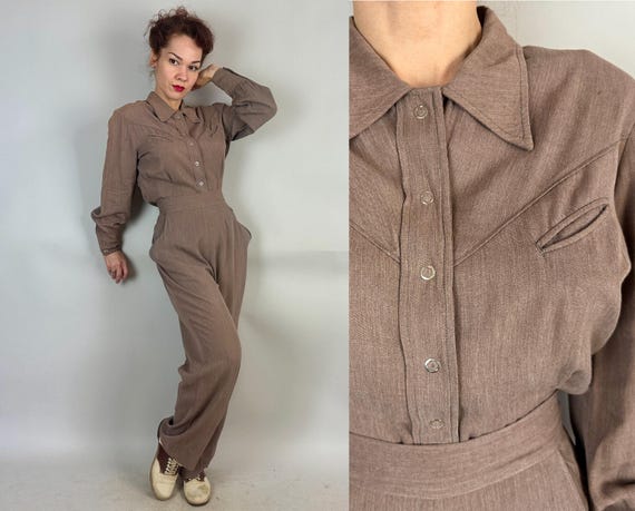 1940s Winona's Gone West Set | Vintage 40s Brown Taupe Rayon Gabardine Westernwear Snap Up Shirt and Side Zip High Waist Trousers | Large