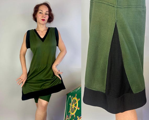 1920s Swim Through the Seaweed Swimsuit | Antique Vintage 20s Green and Black Wool Jersey Knit One Piece Bathing Suit | Extra Large XL