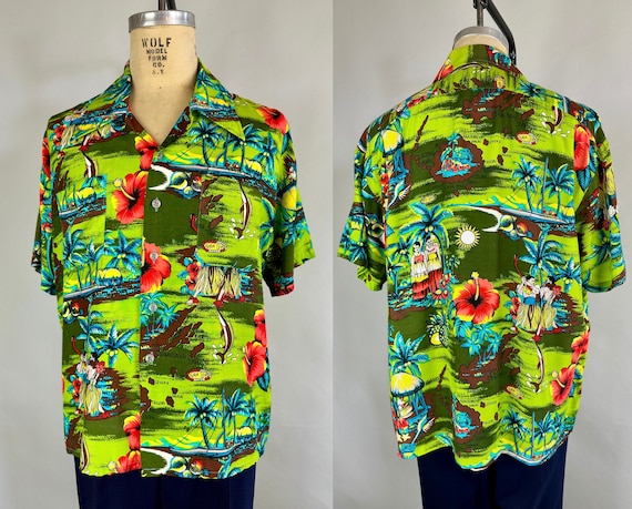 1950s Hawaiian Holiday Shirt | Vintage 50s Green Blue Brown and Coral Rayon Tiki Button Up Top with Tropical Scenes | Extra Large XL View 3