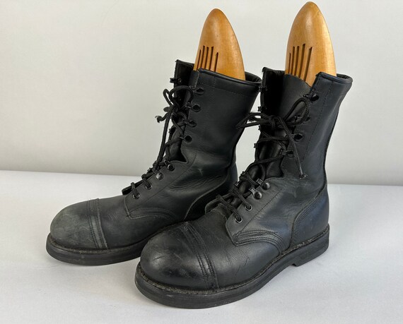 1960s Black Stompy Boots | Vintage 60s Strong Leather Steel-Toe Engineer Military Workwear Industrial Goth Shoes | Size 8 US Mens