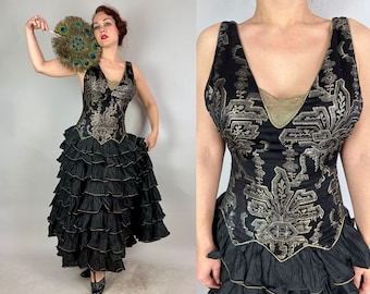 1920s Femme Fatale Fiesta Frock | Vintage Antique 20s Black Silk Taffeta and Lamé Brocade Plunging Back Evening Gown w/Ruffle Skirt | Medium