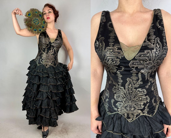 1920s Femme Fatale Fiesta Frock | Vintage Antique 20s Black Silk Taffeta and Lamé Brocade Plunging Back Evening Gown w/Ruffle Skirt | Medium