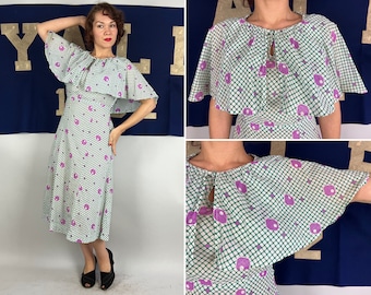 1930s Garden Party Dress | 30s Lightweight Cotton Frock with Attached Capelet in White, Kelly Green, and Orchid Purple | Medium