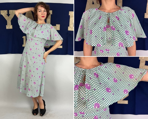 1930s Garden Party Dress | 30s Lightweight Cotton Frock with Attached Capelet in White, Kelly Green, and Orchid Purple | Medium