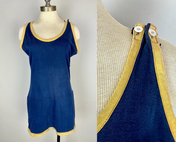 1920s Dusk on the Water Swimsuit | Vintage Antique 20s Cotton Jersey Knit Two-Tone Blue Bathing Suit w/Yellow Trim | Large Extra Large XL