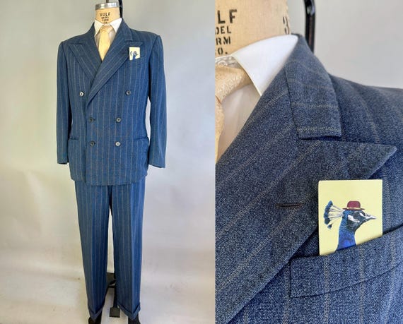 1940s Globe Trotter Suit | Vintage 40s 2 Piece Blue with Grey Pinstripe Wool Double Breasted Jacket & Pants Dated 1947! | Size 42 Large