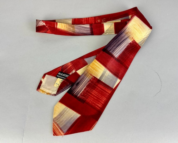 1940s Beautiful Brush Strokes Necktie | Vintage 40s Mid Century Modern Red, Yellow, and Purple Painted Squares Wide Rayon Self Tie