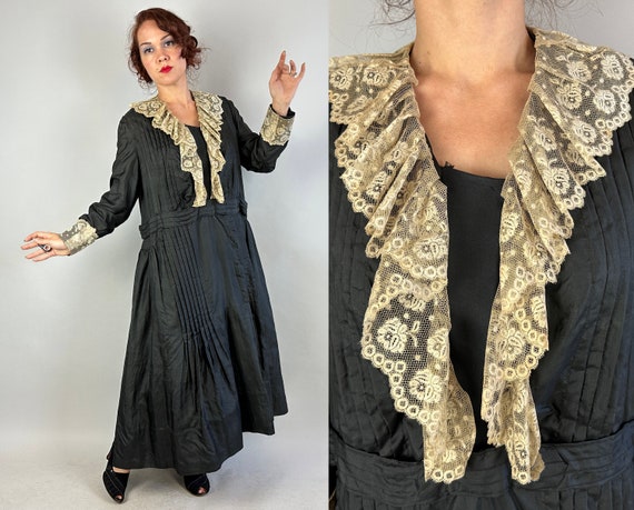 1910s Wandering Widow Dress  | Antique Vintage Edwardian Teens Black Silk Frock with Plenty of Pleats and Ruffled Ecru Lace | Extra Large XL