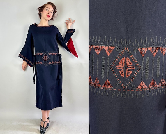 1920s Visceral Vamp Frock | Vintage 20s Black Wool Dropped Waist Dress w/Rust Embroidery & Blood Red Silk Lined Peak Sleeves | Small Medium