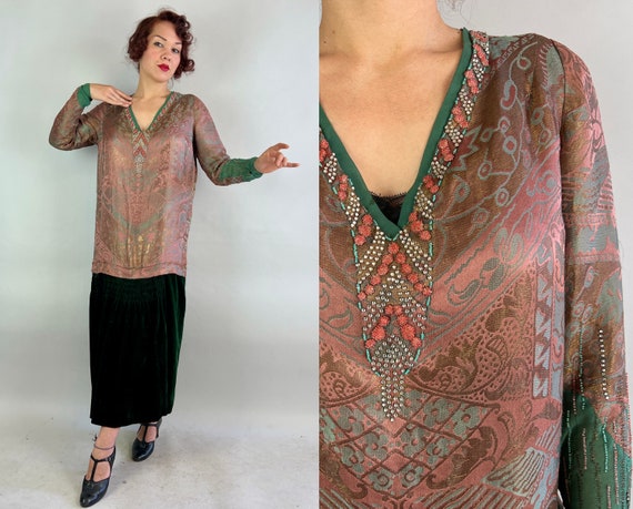 1920s Lithe Lady in Lamé Dress | Vintage 20s Pink Green & Copper Metal Weaving and Velveteen Evening Frock w/ Beading | Large/Extra Large XL