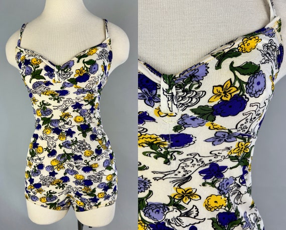 1940s Novelty Bathing Suit | Vintage 40s White Purple Yellow Green Rayon Jersey + Terry Cloth Swimsuit w/Horses Ballerinas Birds | Small/XS