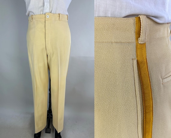 1940s Winning Team Trousers | Vintage 40s Bold Flat Front Cream and Mustard Yellow Striped Twill Wool Pants Slacks | Extra Large XL 37x33