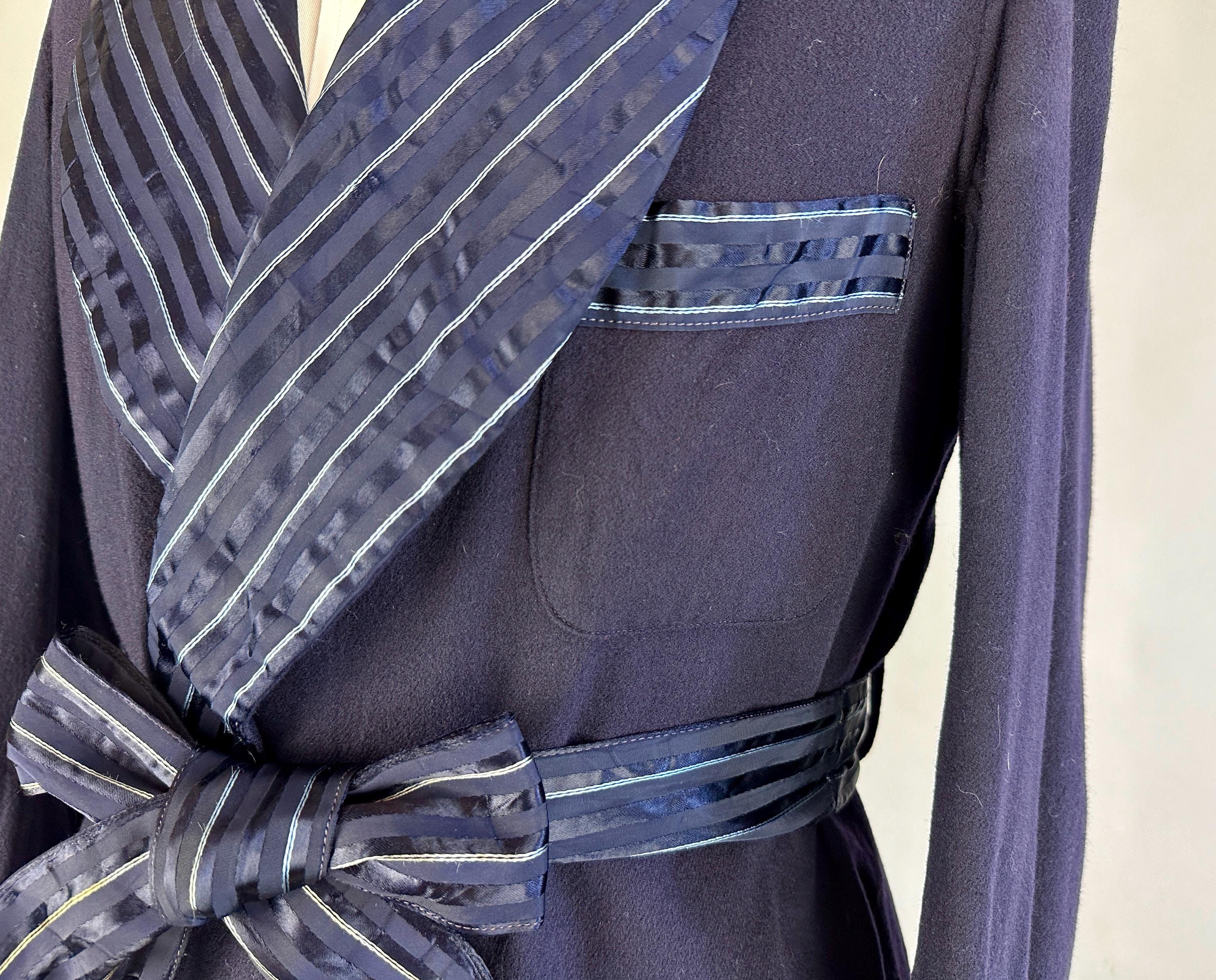 1930s Chateau Chic Smoking Jacket | Vintage 30s Navy Blue Flannel 