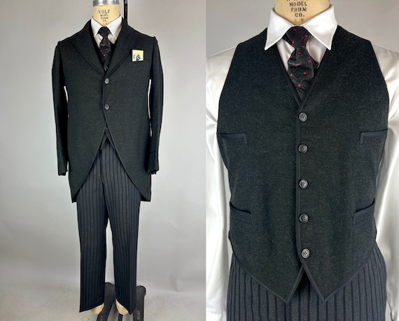 1910s Antique Three-Piece Morning Suit | Vintage 1910s Charcoal Grey 3-Piece Set with Mourning Stripe Trousers | Size 40/42 Medium/Large