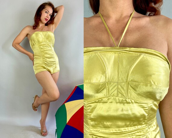1940s Hollywood Hottie Bathing Suit | Vintage 40s Chartreuse Yellow Rayon Satin One Piece Pinup Swimsuit with Halter Ties | Small Medium