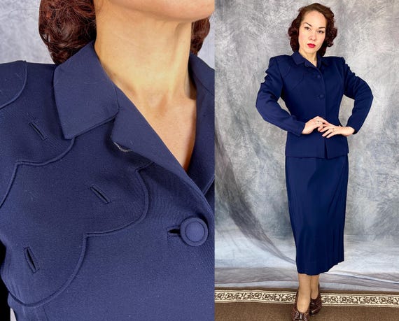 1940s Sally Loves Scallops Suit | Vintage 40s Navy Blue Wool Gabardine Hourglass Scalloped Jacket Blazer and Pencil Skirt Set | Medium