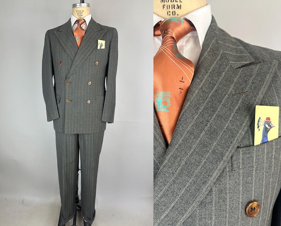 1930s Cool As Cagney Suit | Vintage 30s Stone Grey with White Pinstripes Wool Peak Lapel Double Breasted Jacket & Trousers | Size 40 Medium