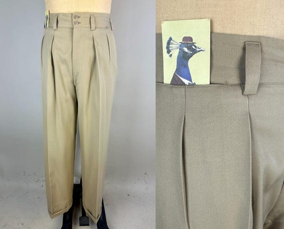 1940s Perfect Fit Trousers | Vintage 40s Khaki Beige Wool Pleated Pants Slacks with Wide Waistband and Dropped Loops | Size 35x30.5 Large