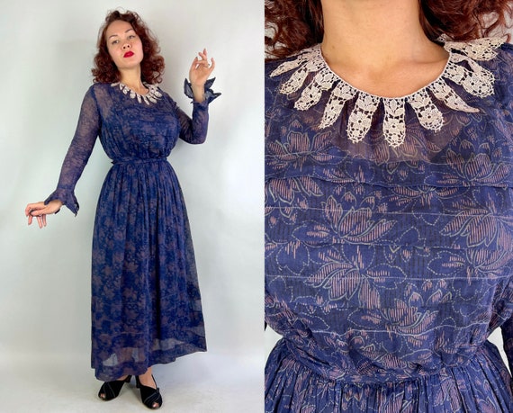 1900s Midnight Caress Dress Ensemble | Antique Vintage Edwardian Two Piece Dark Blue Cotton Voile with Floral Print Bodice and Skirt | Small