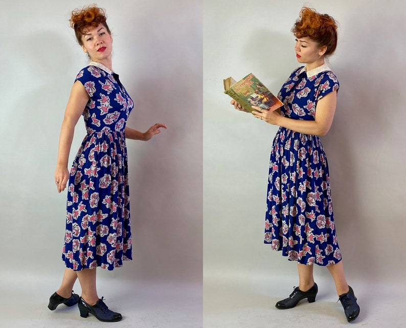 Small Vintage 40s Midnight Blue With Pink and White Novelty Print Dancing Rayon Crepe Frock wLace Collar 1940s Dancers Delight Dress