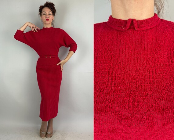 1950s Lady in Red Knit Dress Set | Vintage 50s Candy Apple Boucle Wool 3-Piece Sweater Top Belt & Skirt with Lattice Stitches | Small Medium