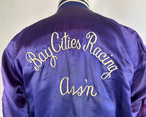 1950s Racer Ralph Royal Purple Car Club Jacket | Vintage 50s Satin Bay Cities Racing Association Coat w/White Embroidery | Medium Large