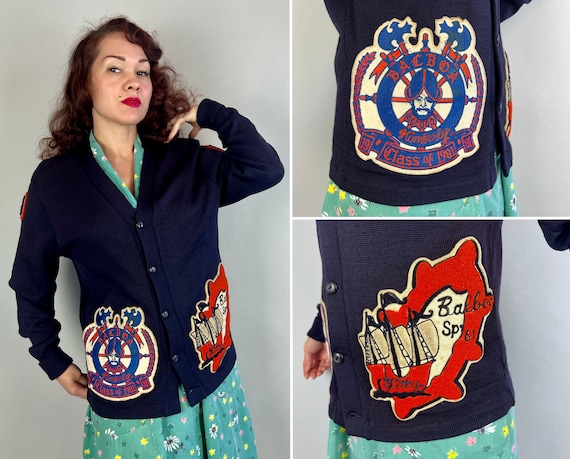 1960s to 1980s Legacy Ladies Cardigan | Vintage 60s 80s Navy Blue Wool Knit Mom and Daughter Letterman Varsity Pirate Sweater | Medium Large