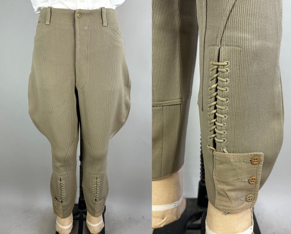 1930s Jaunty Jodhpurs | Vintage 30s Beige Wool Twill Whipcord Riding Breeches Pants with Lace Up Cuffs and Button Fly | 36x26 Large