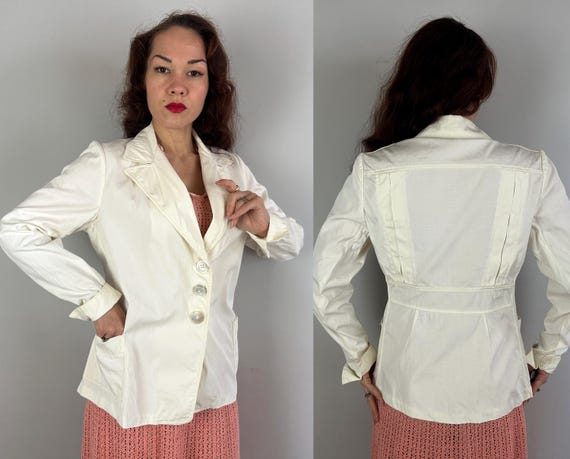 1930s Saunter in the Sun Jacket | Vintage 30s White Summer Crisp Cotton Belted Back Sportswear Blazer with Double Box Pleats | Large