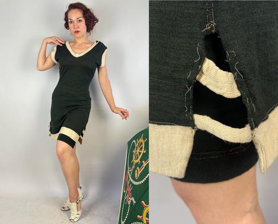 1920s Dive Right In Swimsuit | Antique Vintage 20s Wool Knit 2 Tone Bathing Suit in Black and White w/Strapped Slits | Small Medium Large XL