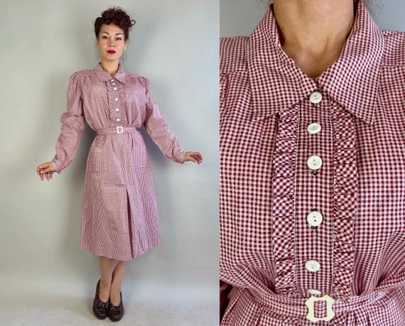 1940s Picnic Primed Plaid Dress | Vintage 40s Red and White Gingham Cotton Frock with Ruffle Shirtwaist and Matching Belt | Extra Large XL