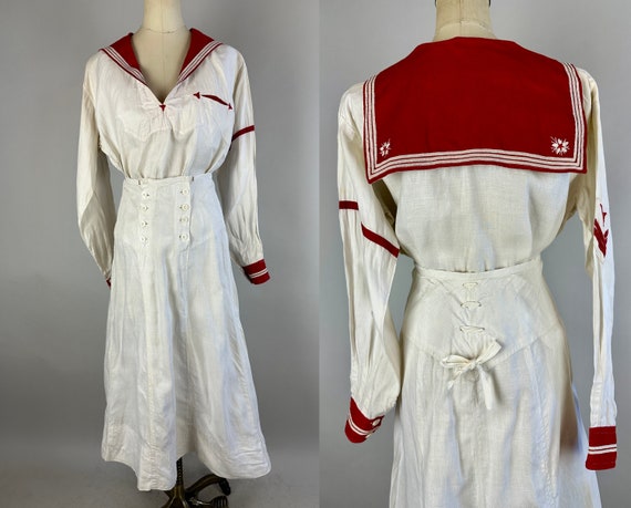 1910s Anchors Away Annie Ensemble | Vintage Antique Teens Two Piece White and Red Linen Sailor Blouse and Skirt Dress Set | Extra Small XS