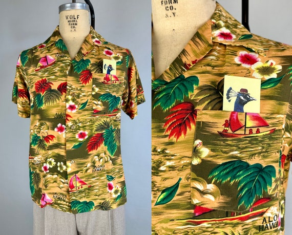 1950s Hawaiian Hibiscus Shirt | Vintage 50s Orange Red Pink and Green Tropical Flora and Boats Print Button Up Tiki Top with "Aloha" | Small